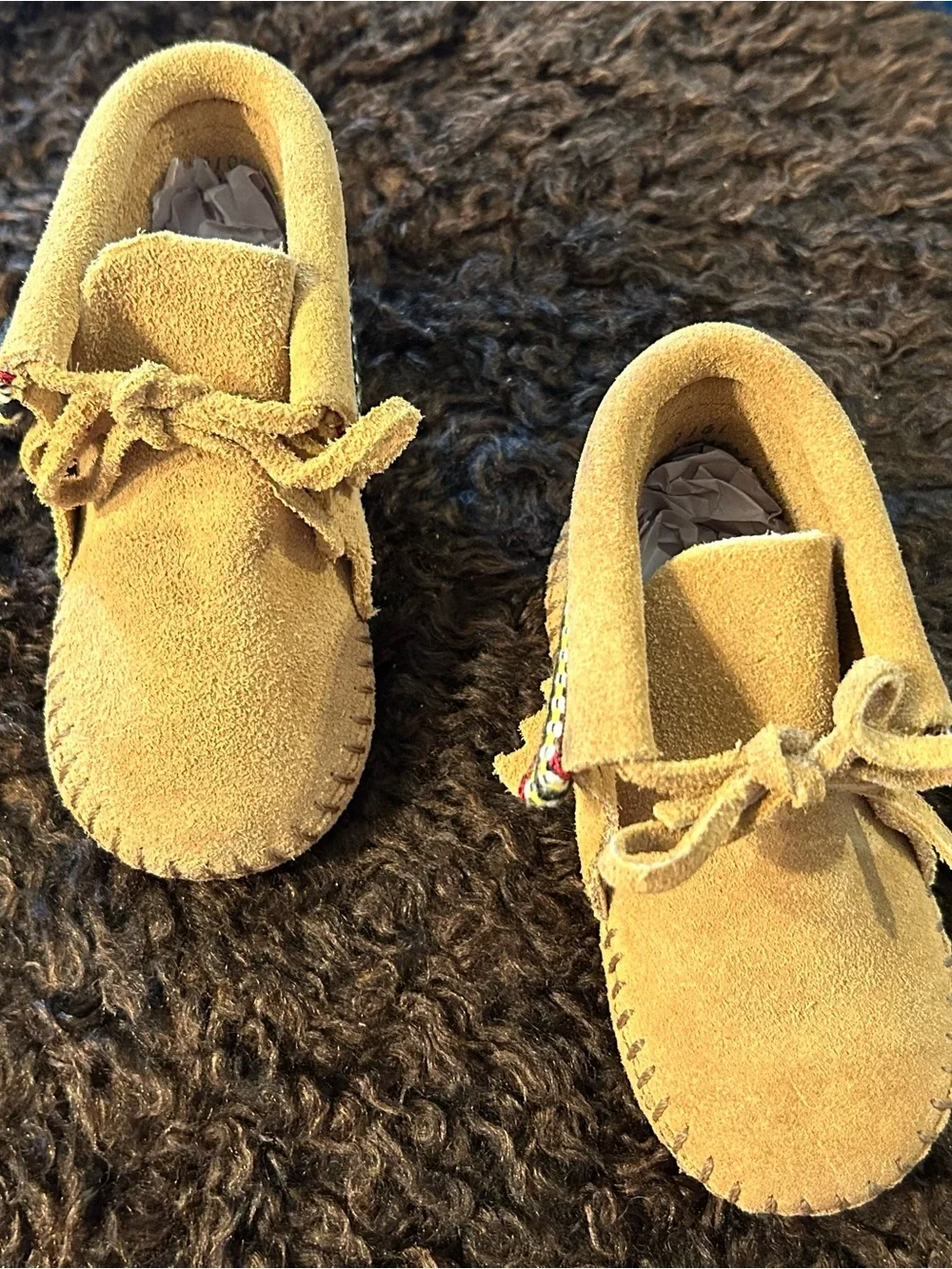 Tan Suede Minnetonka Moccasin Baby Booties w/ Colorful Trim Baby/InfantSize 4